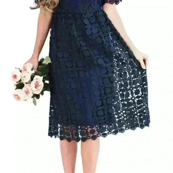 Jessakae Collared Navy Lace Overlay Short Sleeve Zip Back Midi Dress Women’s M - Picture 3 of 10